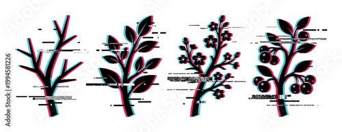 Glitch effect botanical growth stages illustration showing a plant evolving from bare branch to leaves, flowers, and berries in a digital art style.