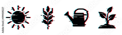 Digital glitch effect icons representing agriculture and growth, including a sun, wheat, watering can, and a young plant.