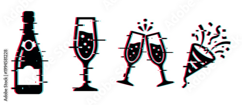 Glitch effect celebration icons featuring a champagne bottle, glasses, and a party popper for festive events.