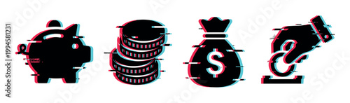 Financial icons with a modern glitch effect representing saving, investment, and digital currency concepts for economic themes.