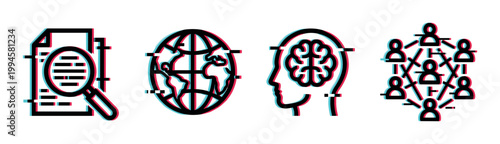 Digital icons representing global data analysis, artificial intelligence, and interconnected human networks with a modern glitch effect.