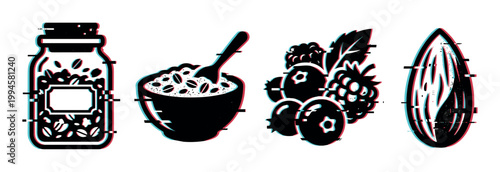 Coffee beans, cereal, berries, and almond nuts depicted in a modern glitch art style, representing healthy breakfast ingredients.