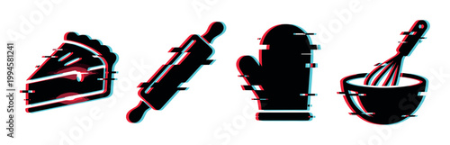 Baking tools, pie slice, rolling pin, oven mitt, and mixing bowl with whisk featuring a modern glitch effect, creating a unique digital art illustration.