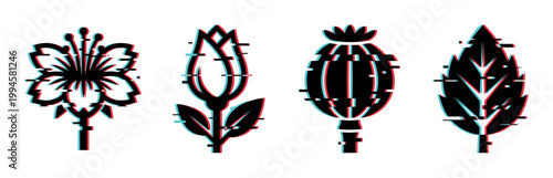 Glitch effect plants and flowers with a modern digital distortion style, featuring a poppy, bud, and leaf in black silhouettes.
