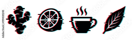 Ginger, lemon, hot cup, and leaf icons with a modern anaglyph glitch effect, representing natural remedies and healthy beverages.