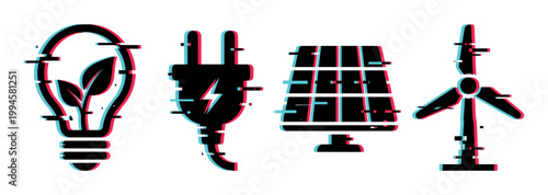 Renewable energy icons with modern glitch effect, representing sustainable power sources and environmental conservation concepts.