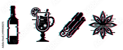 Winter drink ingredients and spices with digital glitch effect, perfect for holiday season designs and festive graphics.