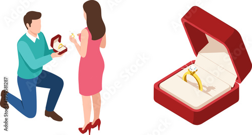 Isometric Marriage Proposal Illustration with Man Kneeling, Woman Receiving Engagement Ring, and Open Jewelry Box in Romantic Vector Design for Love and Relationship Concepts
