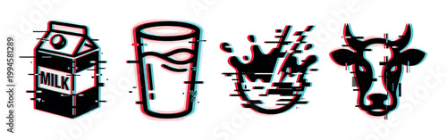 Milk carton, glass, splash, and cow head icons with a modern digital glitch effect, representing dairy products and fresh farm food.