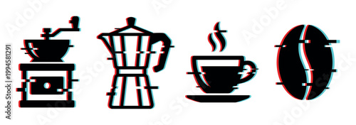 Coffee grinder, moka pot, steaming cup, and bean icons with a modern digital glitch effect on a clean surface.
