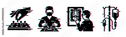 Medical icons with glitch effect representing various healthcare procedures, diagnostics, and digital health concepts.