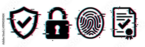 Digital security icons featuring a shield, padlock, fingerprint, and certified document with a modern glitch effect representing data protection and privacy.