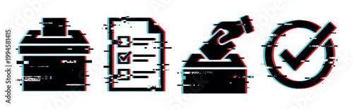 Voting and election icons with a modern glitch effect representing democratic processes and choices.