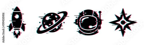 Rocket, planet, astronaut helmet, and star icons with a modern digital glitch effect, representing space exploration and technology.