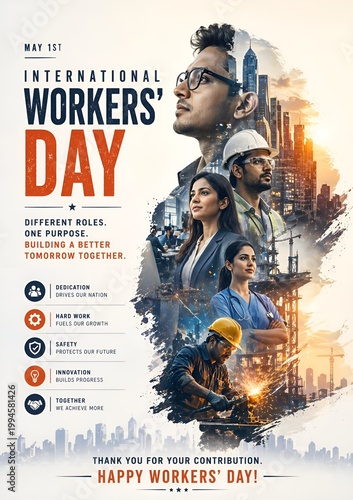 International workers' day poster collage of workers and city with labor day