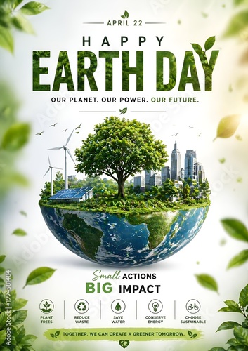Happy earth day poster with planet tree cityscape renewable energy solar panel