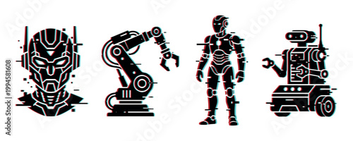 Robots and artificial intelligence concepts featuring a futuristic head, industrial arm, humanoid figure, and service bot with a modern glitch effect.