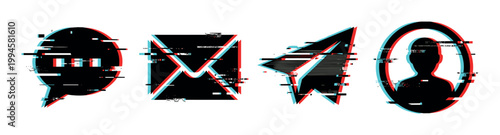 Communication icons digital glitch effect with distorted red and cyan shifts, symbolizing modern social media and technology.