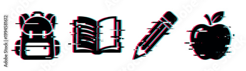 Backpack, book, pencil, and apple icons with a modern digital glitch effect, representing education and learning.