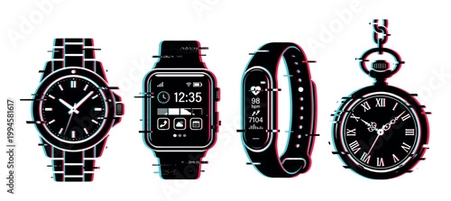Watches, smartwatches, fitness trackers, and a pocket watch are depicted with a modern glitch effect, representing time and technology.