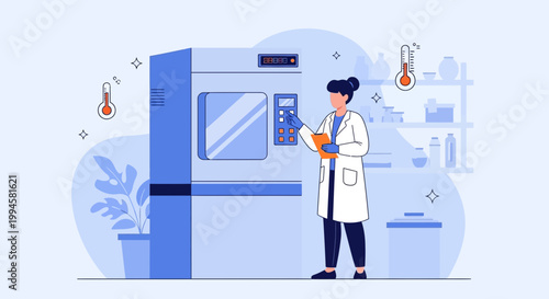 Scientist working in laboratory with incubator and thermometers
