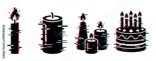 Candles and birthday cake with a modern glitch effect digital illustration, featuring various burning and unlit candles.