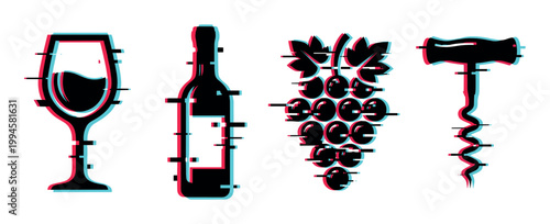 Wine glass bottle grapes corkscrew icons featuring a trendy digital glitch effect, perfect for modern design concepts.