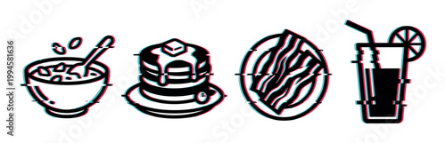 Breakfast food icons with glitch effect including cereal, pancakes, bacon, and juice, representing digital art and modern design.