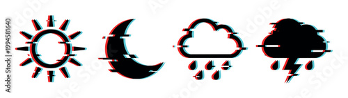 Sun moon rain storm weather icons with a modern digital glitch effect, representing various atmospheric conditions and forecasts.