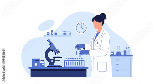 Scientist working in laboratory with microscope and test tubes, conducting research