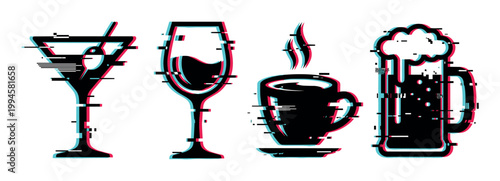Martini, wine, coffee, beer glasses with digital glitch effect, abstract cyber style beverage icons for modern design.