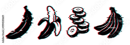 Bananas glitch effect vector illustration set featuring whole, peeled, sliced, and bunch of fruits with digital distortion.