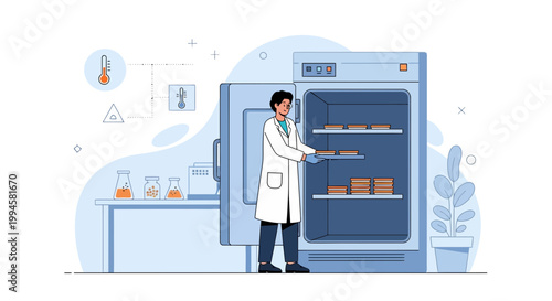 Scientist working in laboratory with incubator and samples