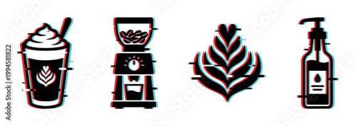 Set of coffee shop icons featuring a beverage, grinder, latte art, and syrup dispenser with a trendy digital glitch effect.