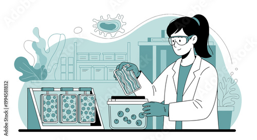 Scientist working in laboratory with petri dishes and microscope, conducting research