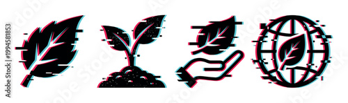 Nature environment icons with modern glitch effect, symbolizing digital ecology, sustainability, and global green initiatives for a futuristic concept.