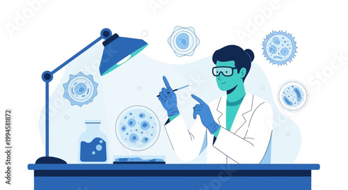 Scientist working in laboratory with petri dishes and microscope, studying cells and viruses