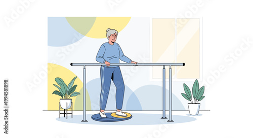 Senior woman practicing balance exercises on a wobble board with parallel bars for support