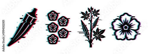 Okra plant, flower, and sliced pods with a modern digital glitch effect, presented as a black silhouette vector illustration.
