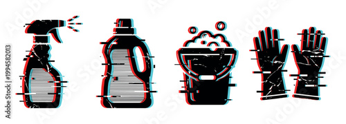 Cleaning supplies icons with a modern digital glitch effect, representing household hygiene and sanitation.