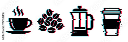 Coffee icons set with glitch effect featuring a steaming cup, beans, French press, and disposable takeaway cup.
