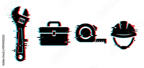 Essential construction tools and safety equipment icons with a modern digital glitch effect illustration for industrial concepts