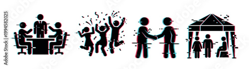 Glitch effect stick figures illustrating various business and social interactions with digital distortion and RGB color shift.