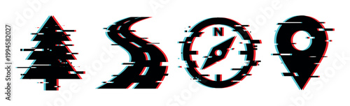 Digital glitch effect navigation icons set featuring a tree, winding road, compass, and map pin symbol.