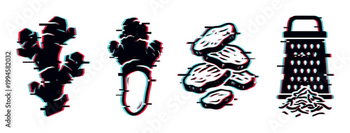 Glitch effect illustration of ginger root, sliced ginger, and a grater with grated ginger, depicting cooking ingredients.