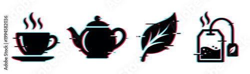 Teacup, teapot, tea leaf, and tea bag icons with a modern digital glitch effect, representing hot beverages and herbal drinks.