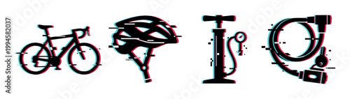 Bicycle, helmet, pump, and lock icons with a modern digital glitch effect, representing cycling equipment and safety.