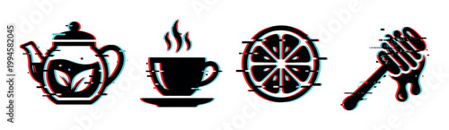 Teapot, teacup, lemon, and honey dipper icons with a modern glitch effect, representing hot beverages and natural ingredients.