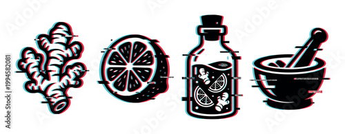 Natural remedy ingredients and herbal medicine tools with a modern glitch effect illustration for health and wellness concepts.