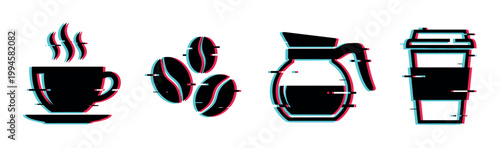 Coffee cup, beans, pot, and disposable cup icons with a modern digital glitch effect, perfect for contemporary design projects.